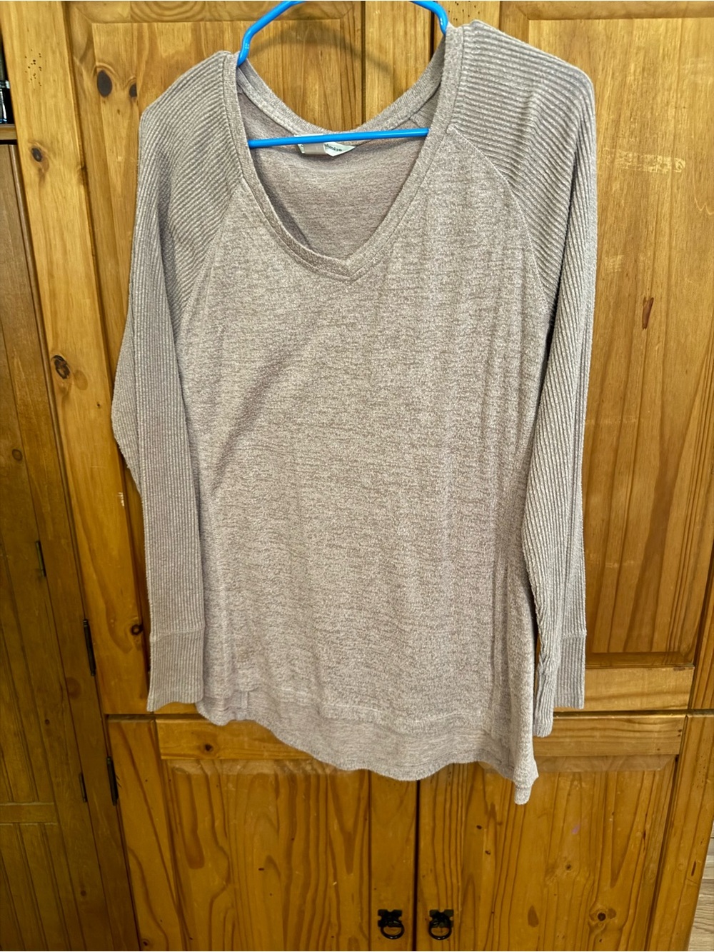 Christopher & Banks Taupe V-Neck Rib Sleeve Knit Top